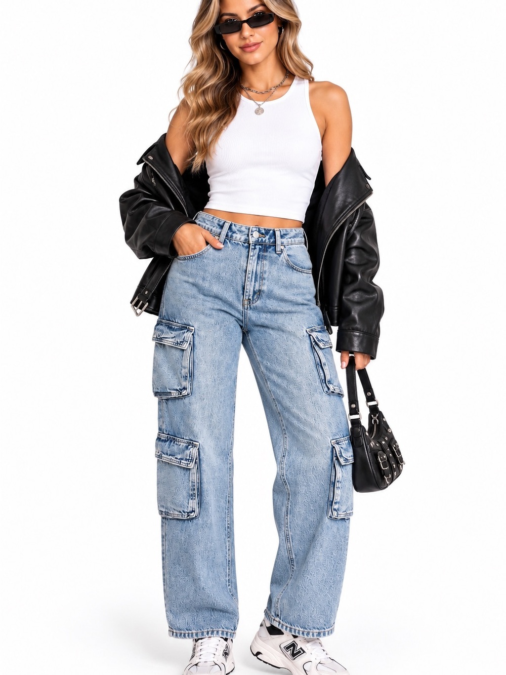 Garage Denim Womens 3/26 Light Wash Cargo Jeans Multi Pocket Baggy Y2K